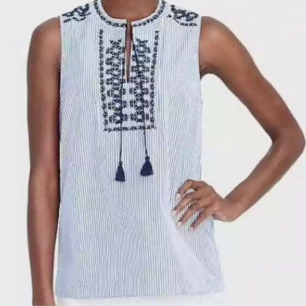 J. Crew Factory blue and white striped Embroidered Sleeveless Top